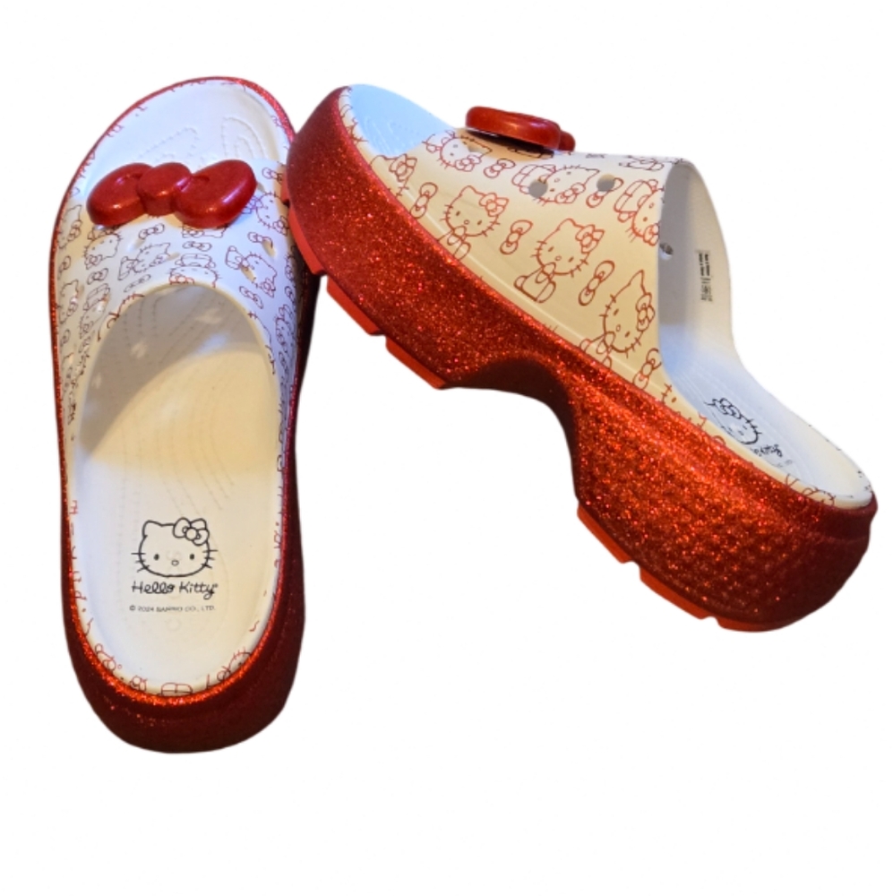 Hello Kitty Women's Size 11 Crocs Red Glitter Platform Slides